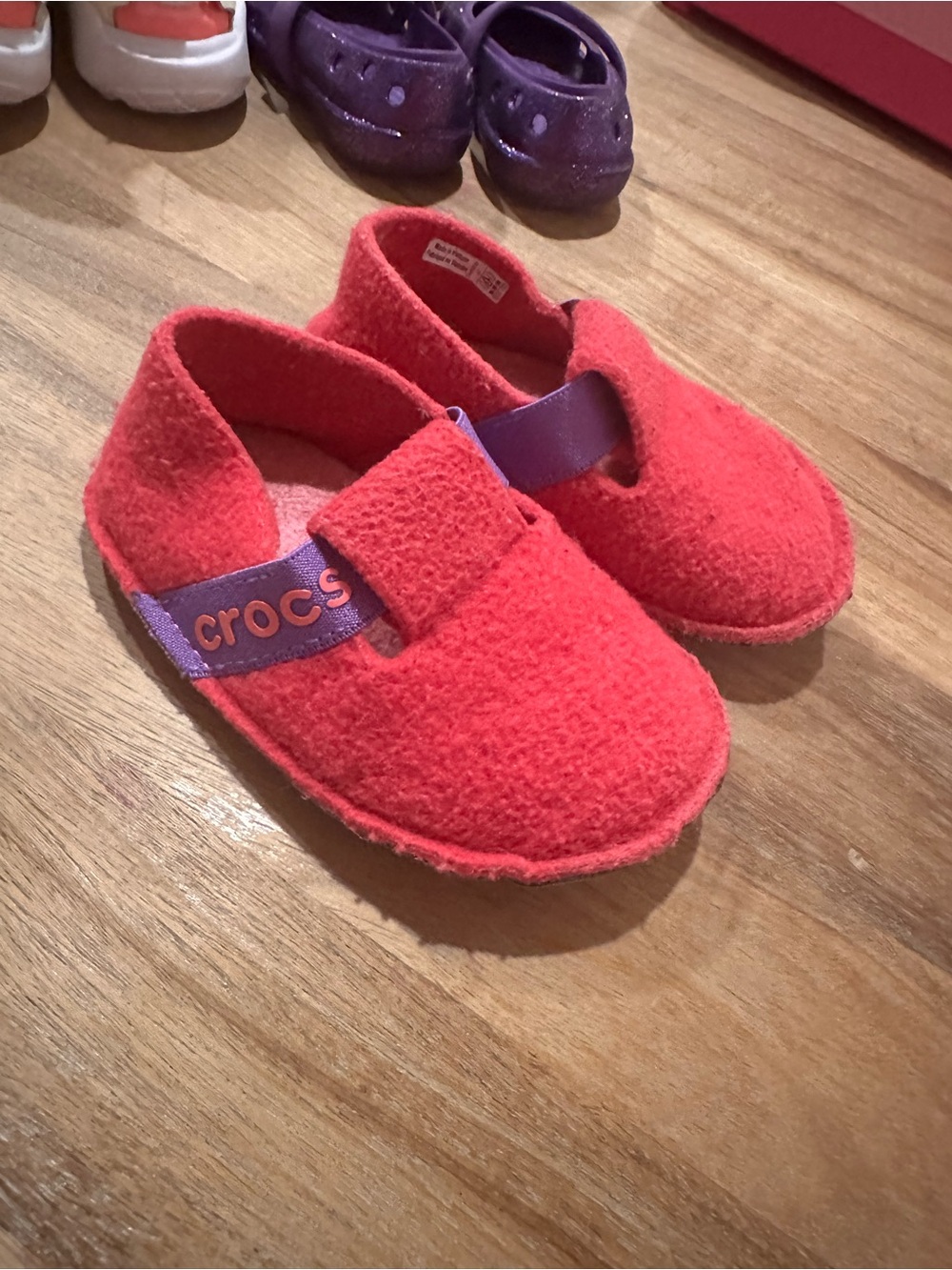 CROCS Kids Red Felt Mary Jane Slippers with Purple Strap